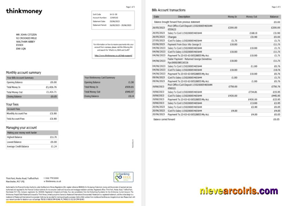 United Kingdom Think Money bank statement Word and PDF, 3 pages 1-2 SCR